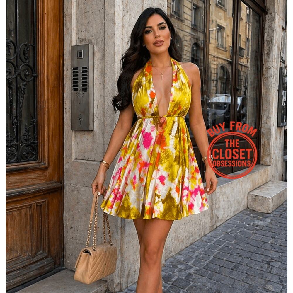 ZARA Yellow Floral Halter Mini Dress Open Back Resort Vacation Sundress NWT - Picture 10 of 16